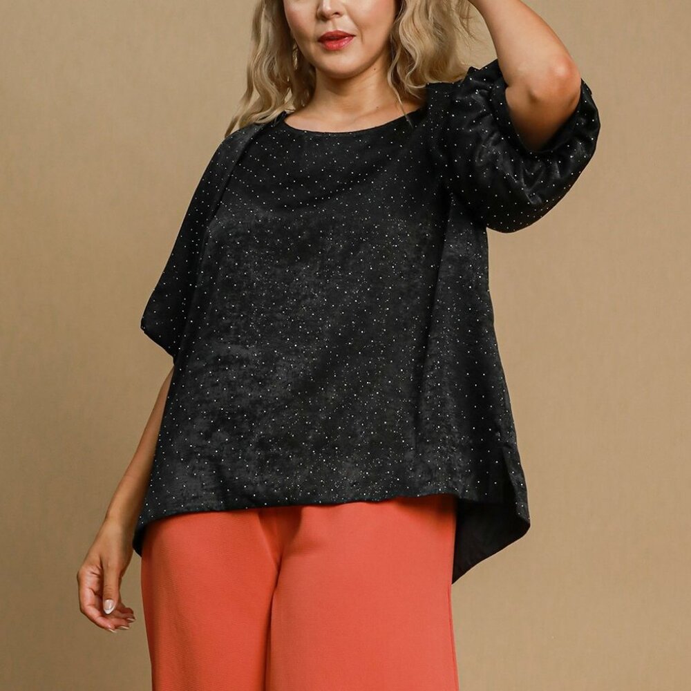 NWT Umgee Black Satin Rhinestone Embellished Blouse With Puff Sleeves